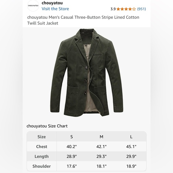 BNWT! CHOUYATOU, Men's Casual 3 Button Stripe Lined Cotton Twill Suit Jacket, 😻💚 - Picture 8 of 8